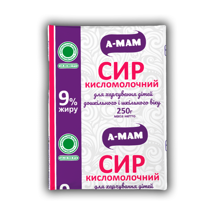Сир кисломолочний 9 % жиру для дитячого харчування від 2-х років ТМ "АМА" 250г
